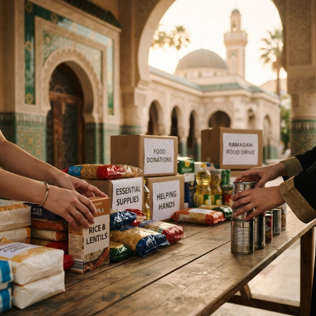Community food donation supplies being arranged